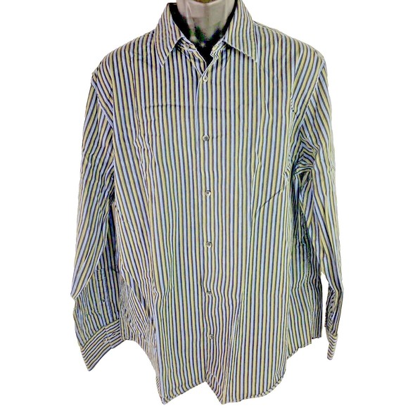 Calvin Klein Mens XL Button Up Shirt Blue Green Striped‎ Long Sleeve 100% Cotton - Picture 1 of 10